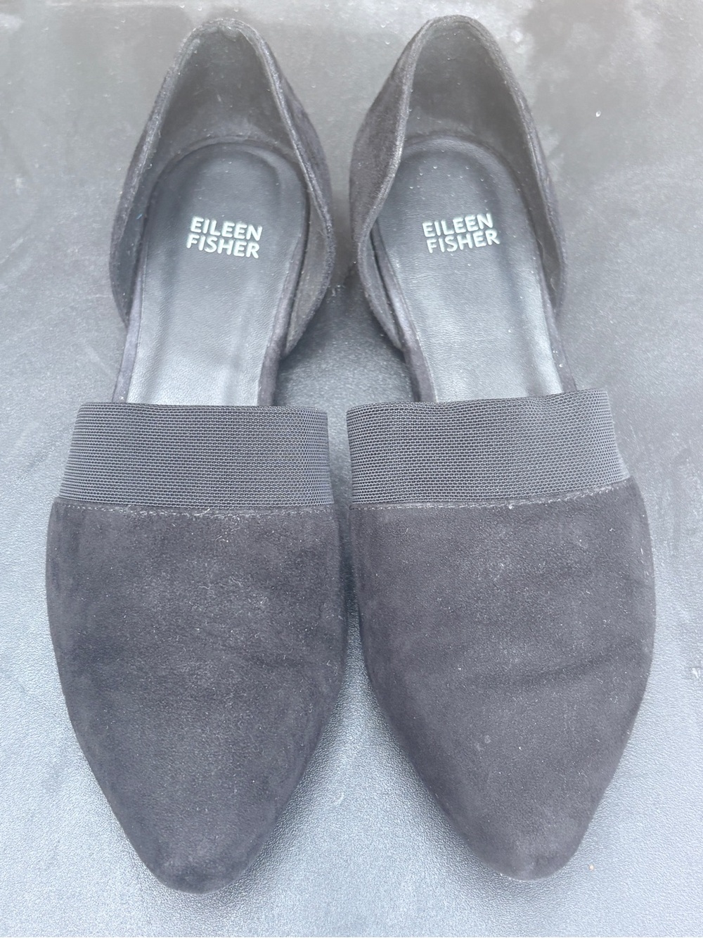 Eileen Fisher Black Suede D'Orsay Flats with Elastic Vamp